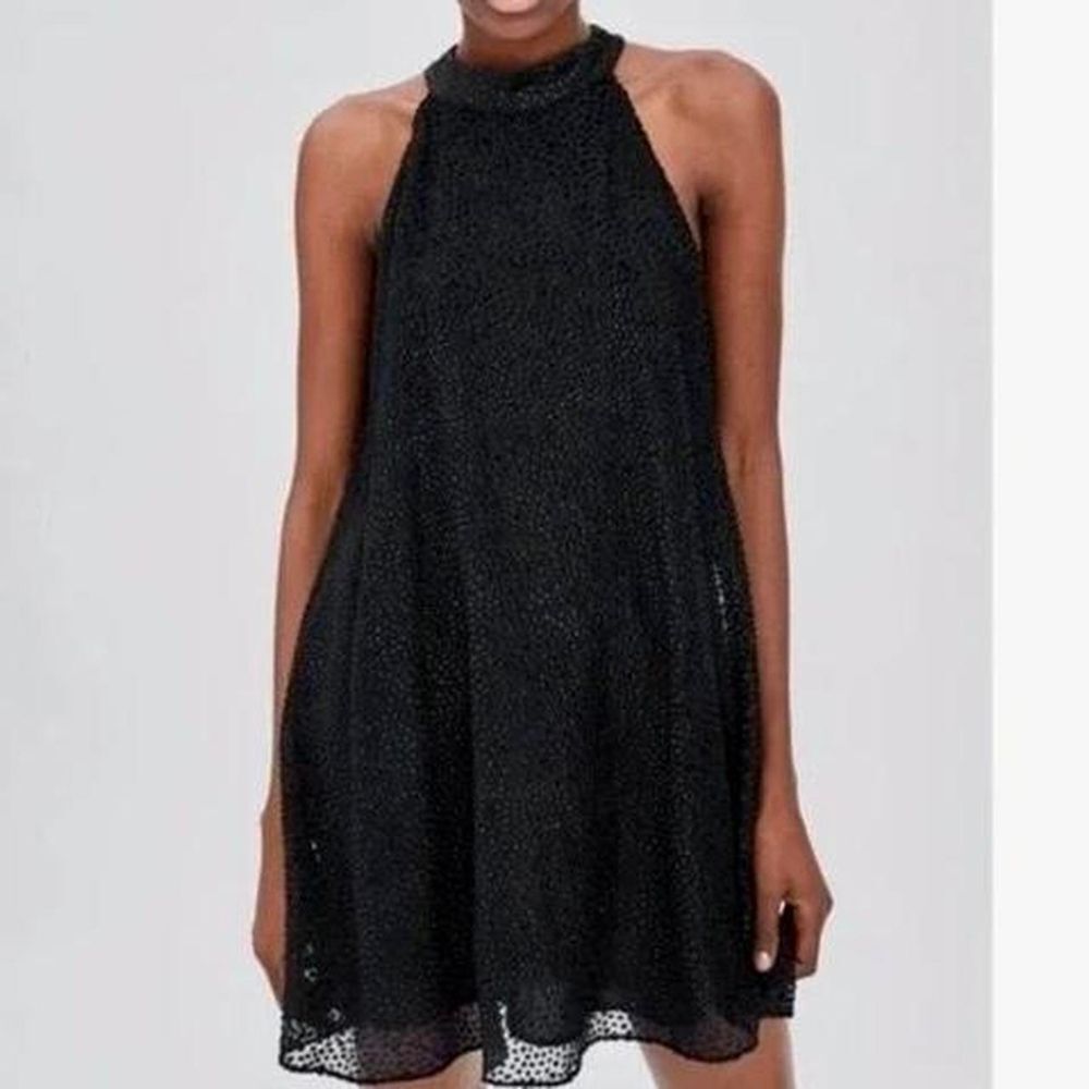 Zara Trafaluc Dobby Black and Gold Dots Halter Keyhole Back Dress - Picture 14 of 15